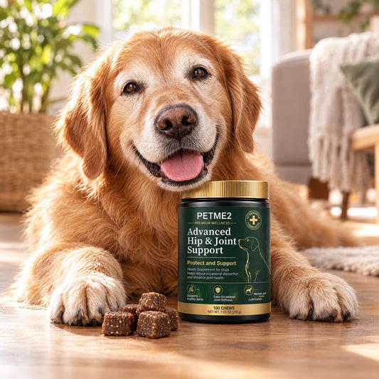 Senior golden retriever next to PETME2 Hip & Joint chews