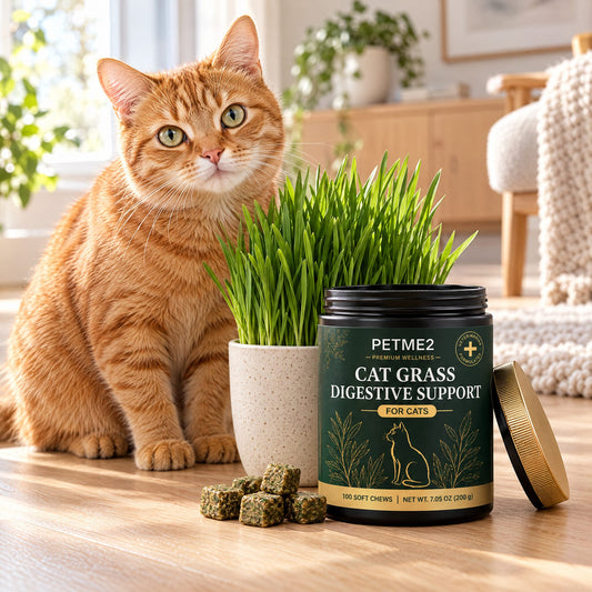 Orange tabby cat next to cat grass and PETME2 Cat Grass chews