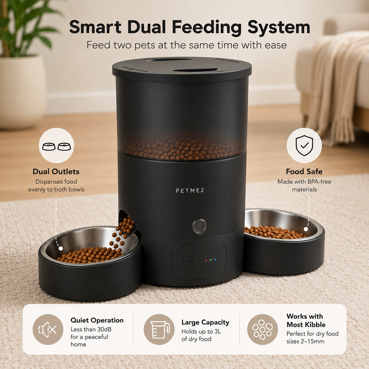 PETME2 3L dual-bowl automatic cat feeder in matte black