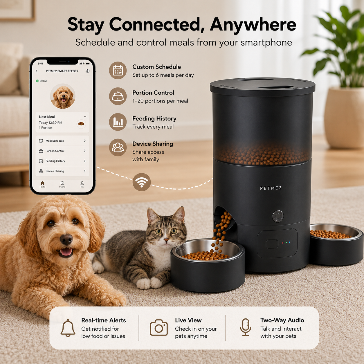 PETME2 3L dual-bowl automatic cat feeder in matte black