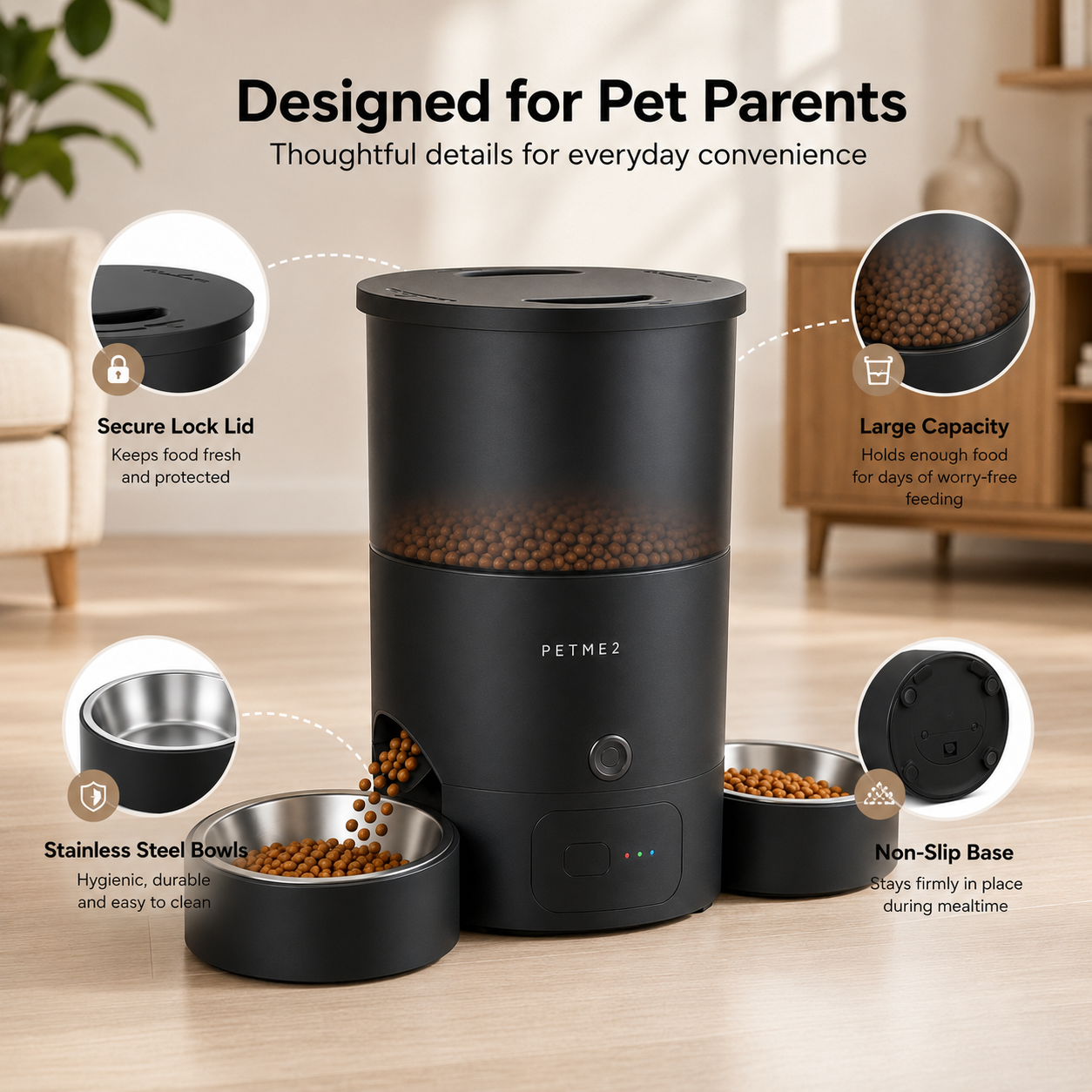 PETME2 3L dual-bowl automatic cat feeder in matte black