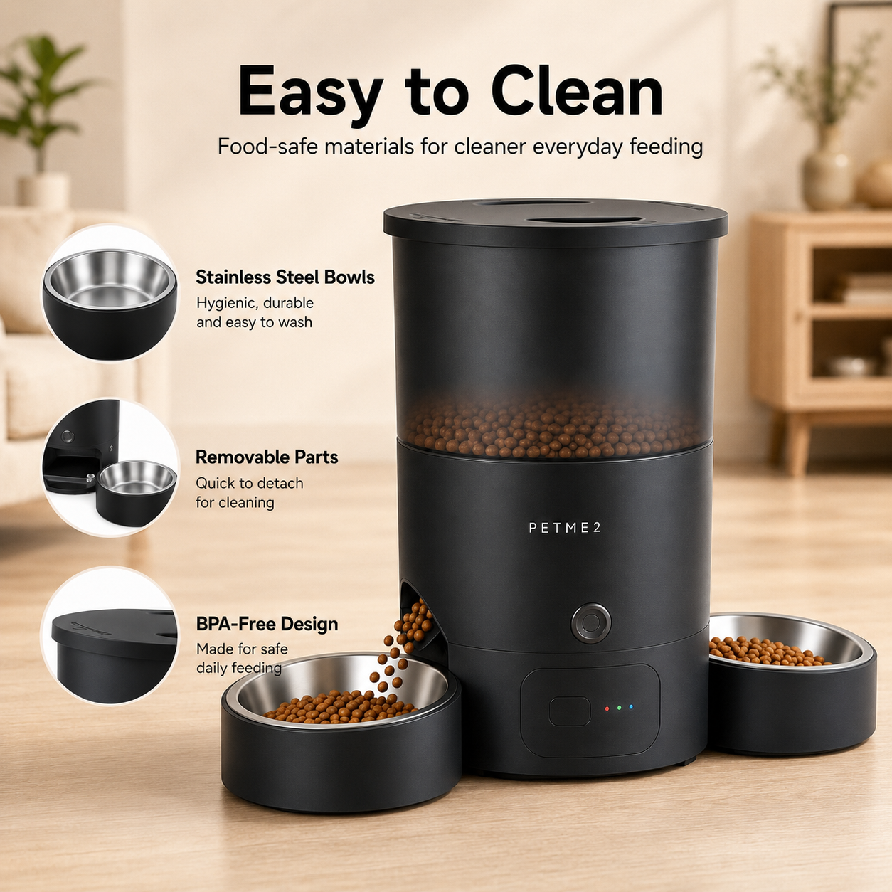 PETME2 3L dual-bowl automatic cat feeder in matte black