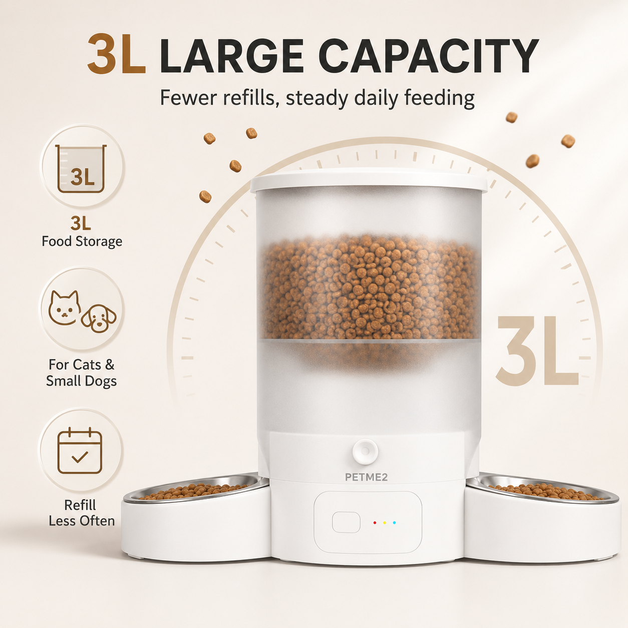 PETME2 3L dual-bowl automatic cat feeder in white