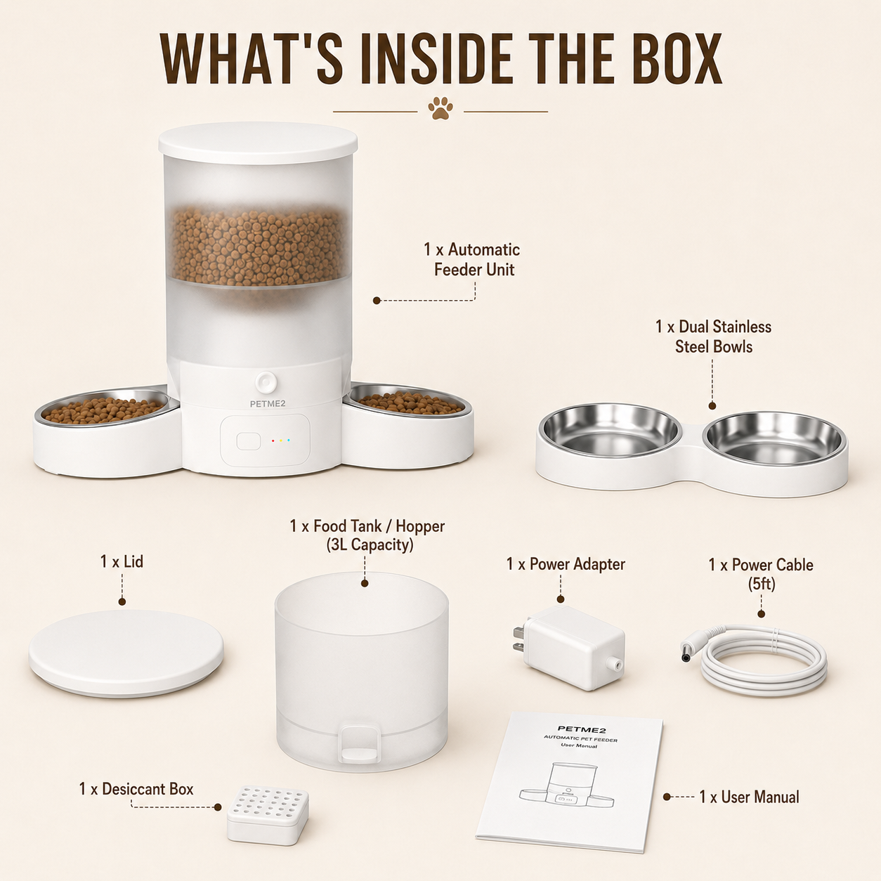 PETME2 3L dual-bowl automatic cat feeder in white
