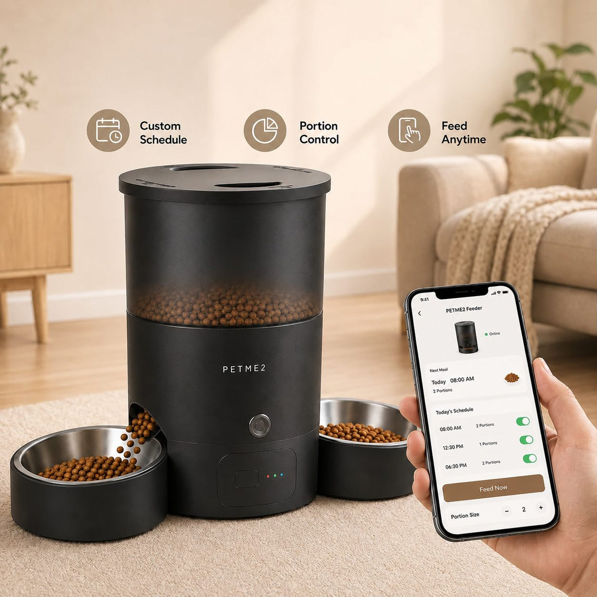 PETME2 black 3L dual bowl automatic cat feeder for 2 cats – detail image 5 of 7