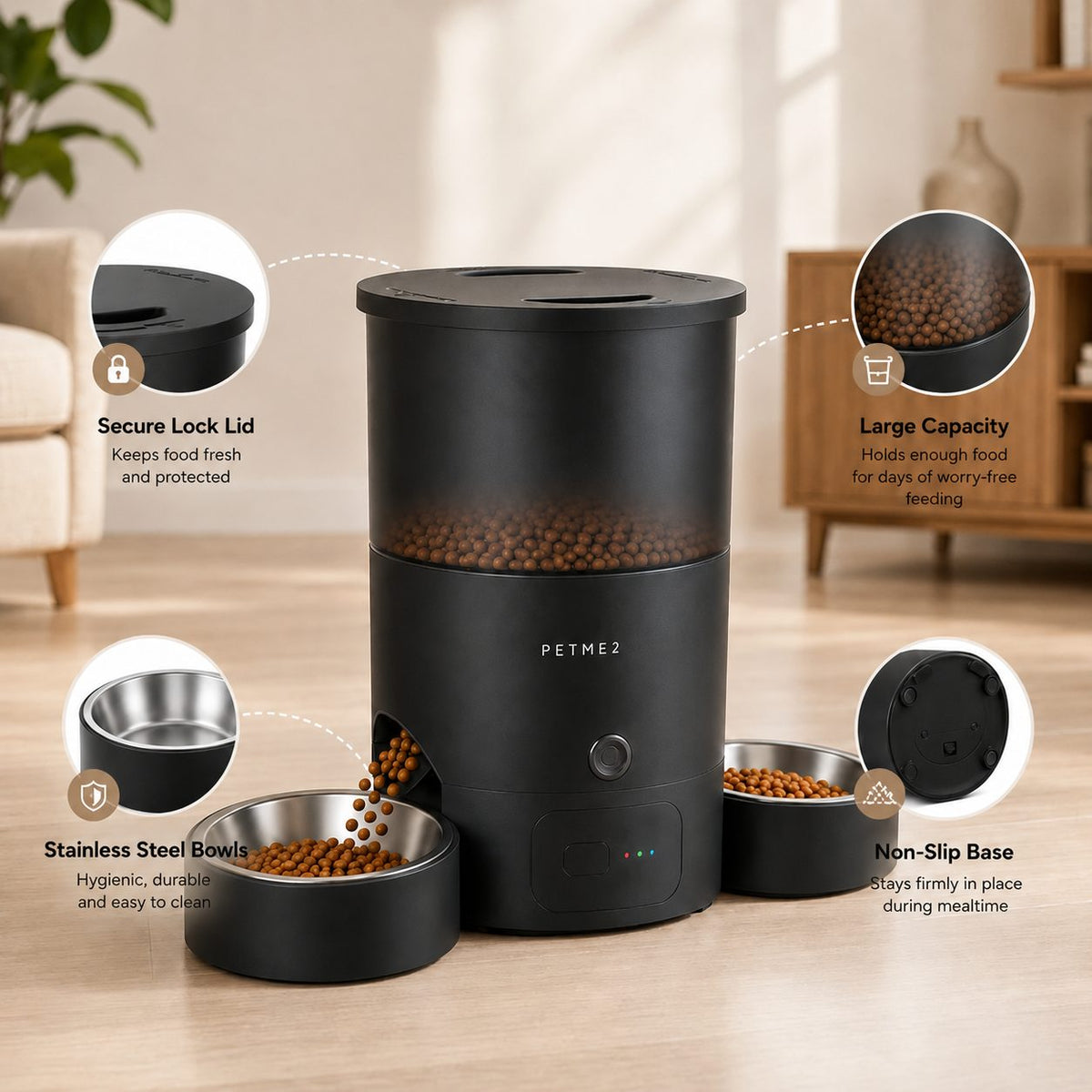 PETME2 black 3L dual bowl automatic cat feeder for 2 cats – detail image 3 of 7