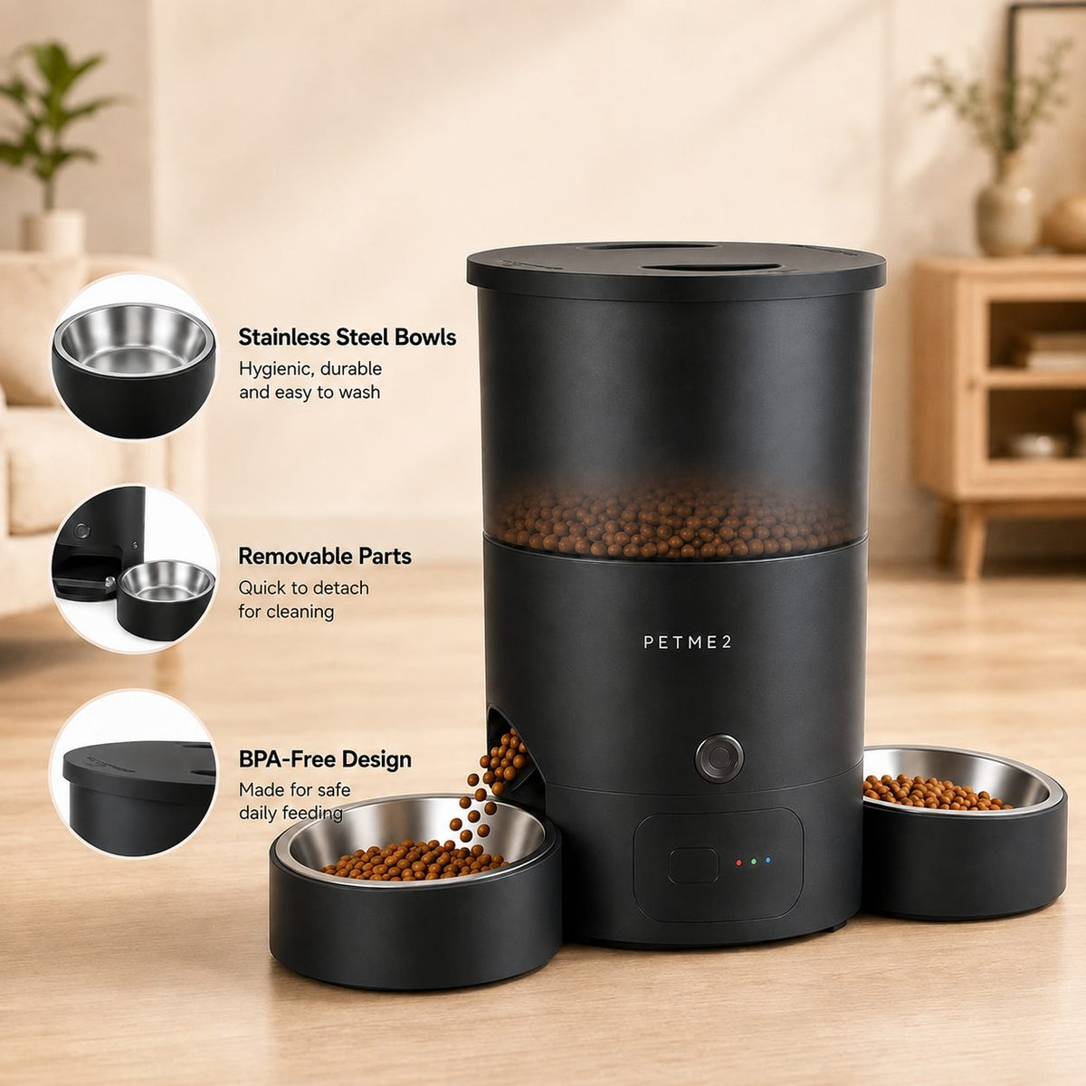 PETME2 black 3L dual bowl automatic cat feeder for 2 cats – detail image 7 of 7