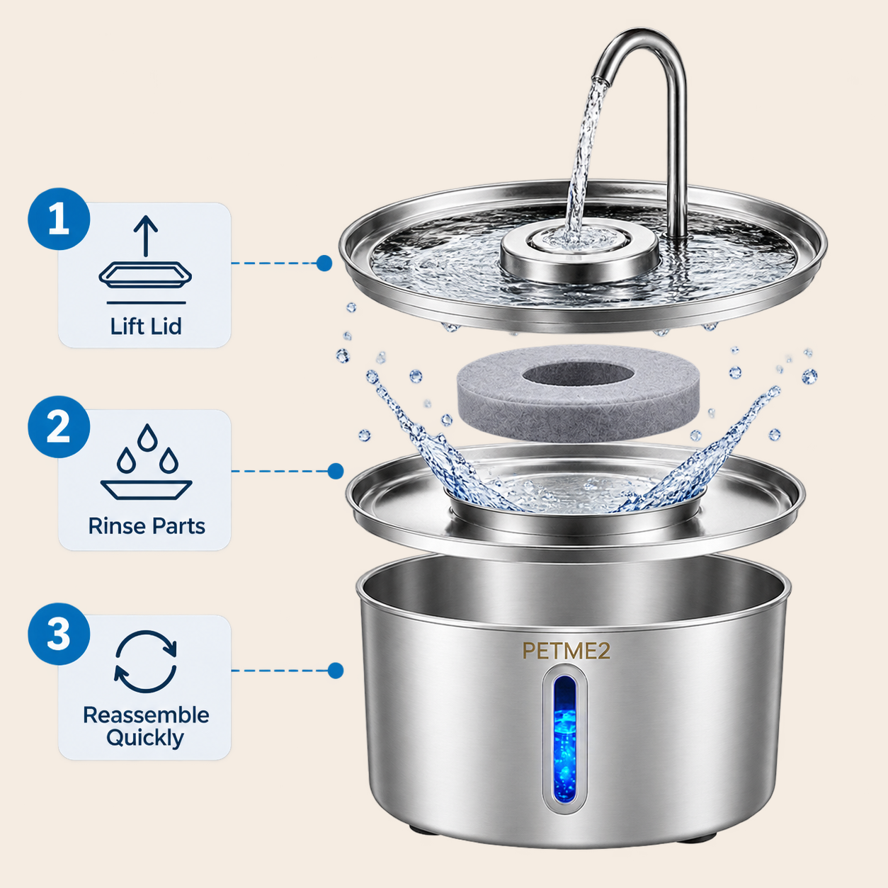 Luxury Stainless Steel Pet Fountain — 3.2L