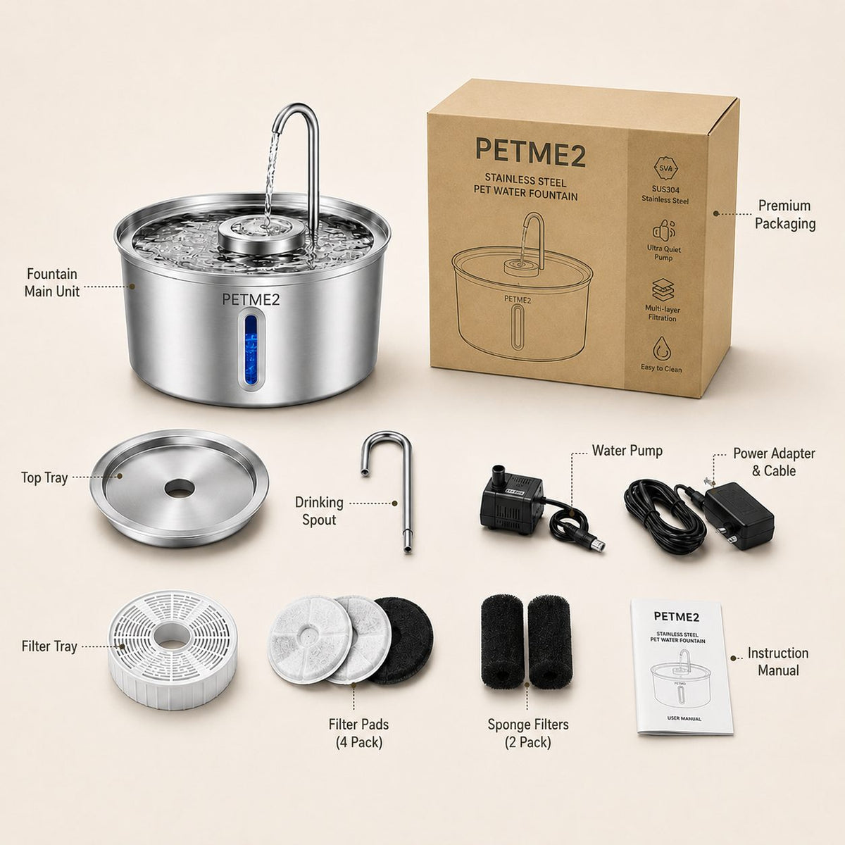 PETME2 3.2L/108oz stainless steel cat water fountain – detail image 4 of 6