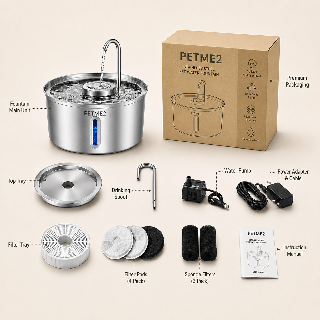 Luxury Stainless Steel Pet Fountain — 3.2L