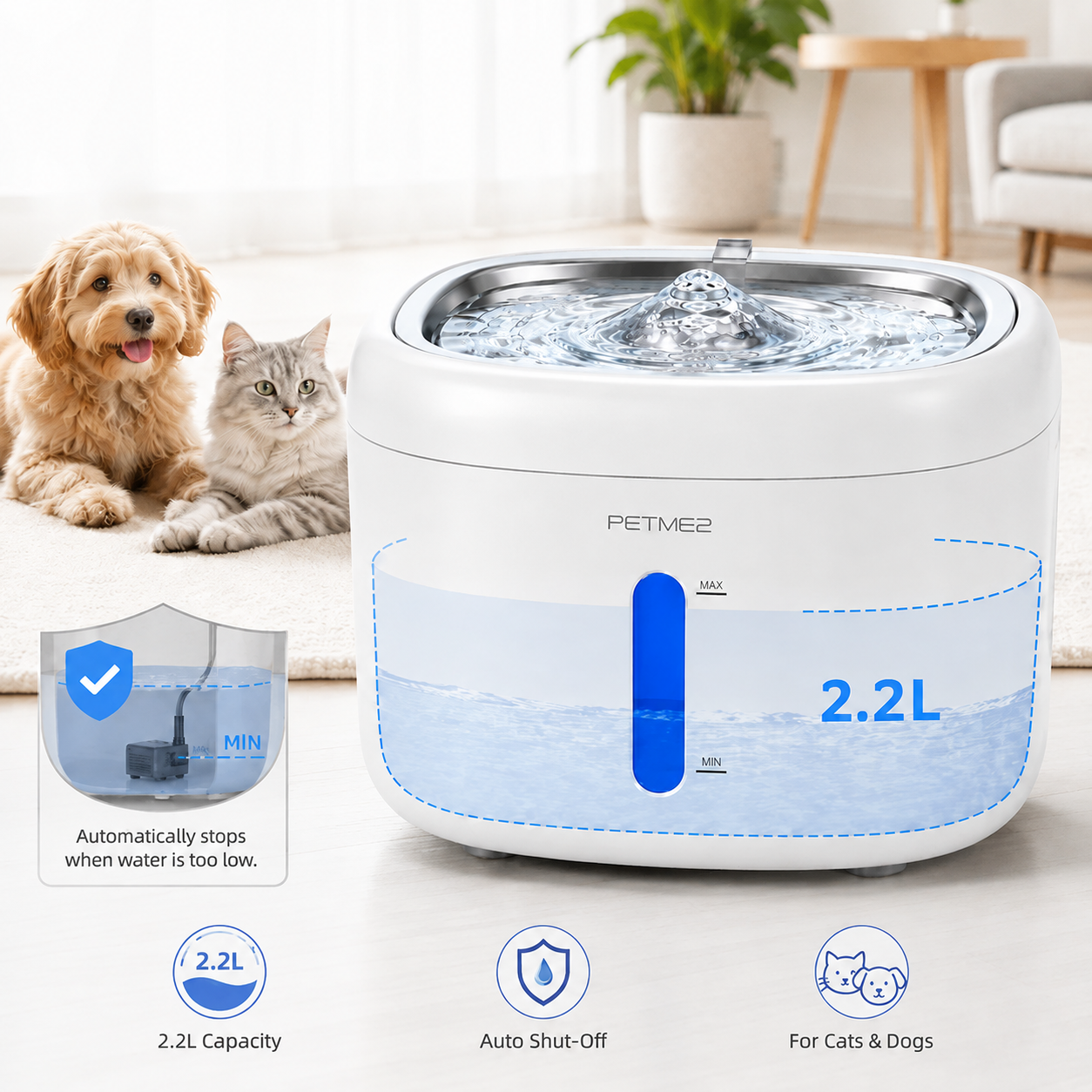 Steel-Tray Cat Water Fountain - 2.2L