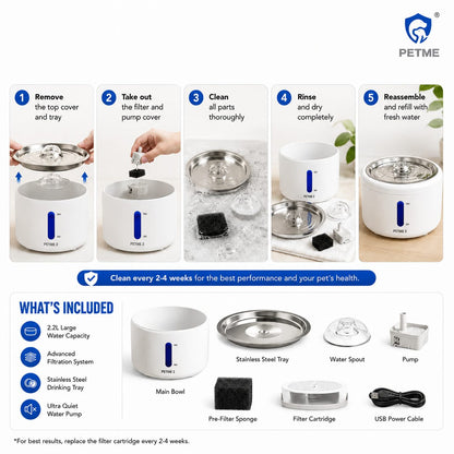 PETME2 2.2L cat water fountain with stainless steel tray – detail image 5 of 8