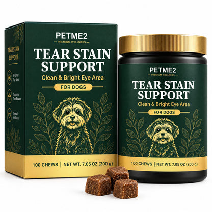 PETME2 Tear Stain soft chews for dogs, box and jar