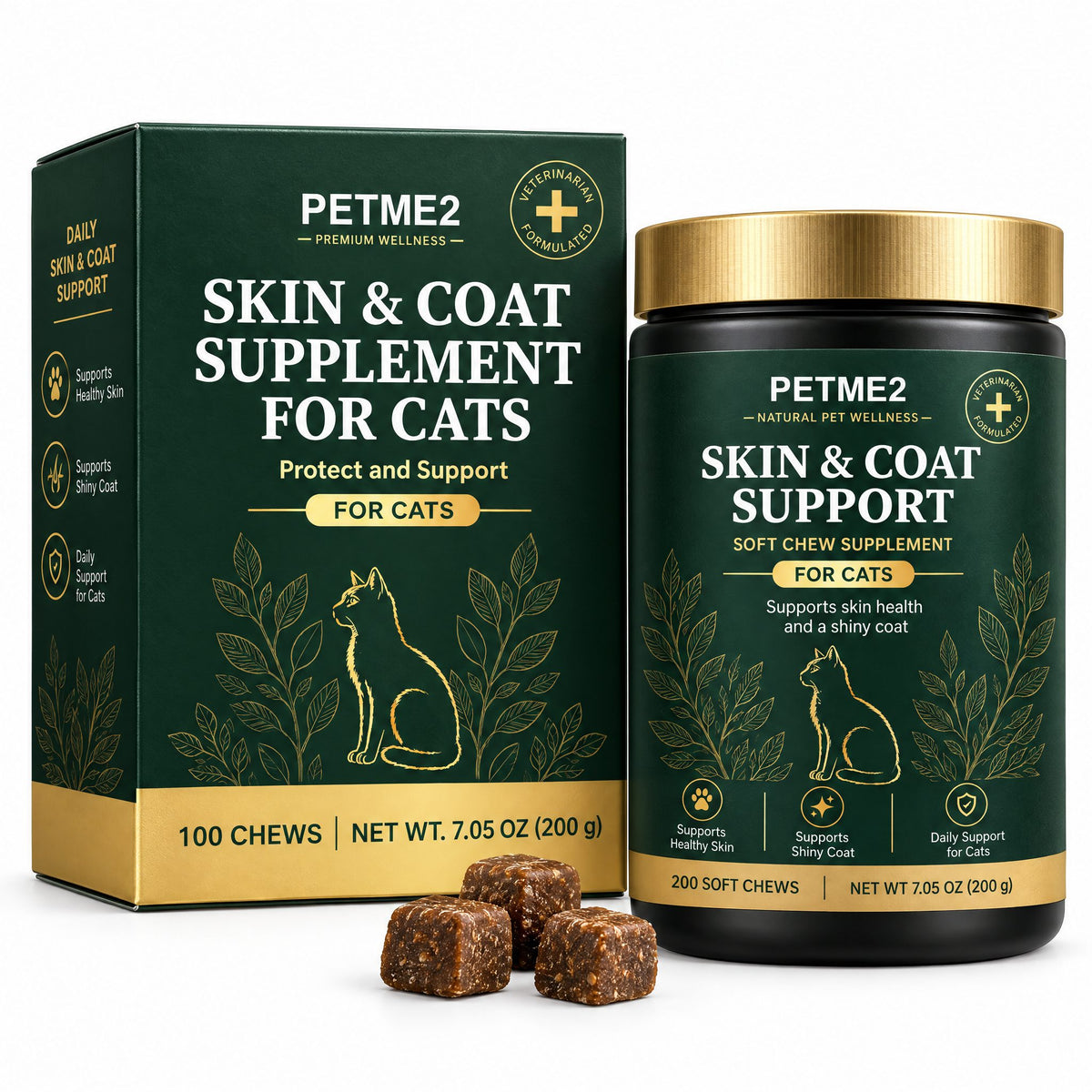 PETME2 Skin & Coat soft chews for cats, box and jar