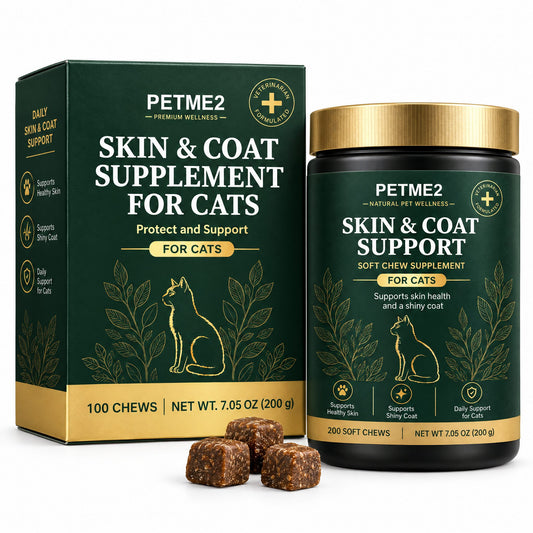 PETME2 Skin & Coat soft chews for cats, box and jar