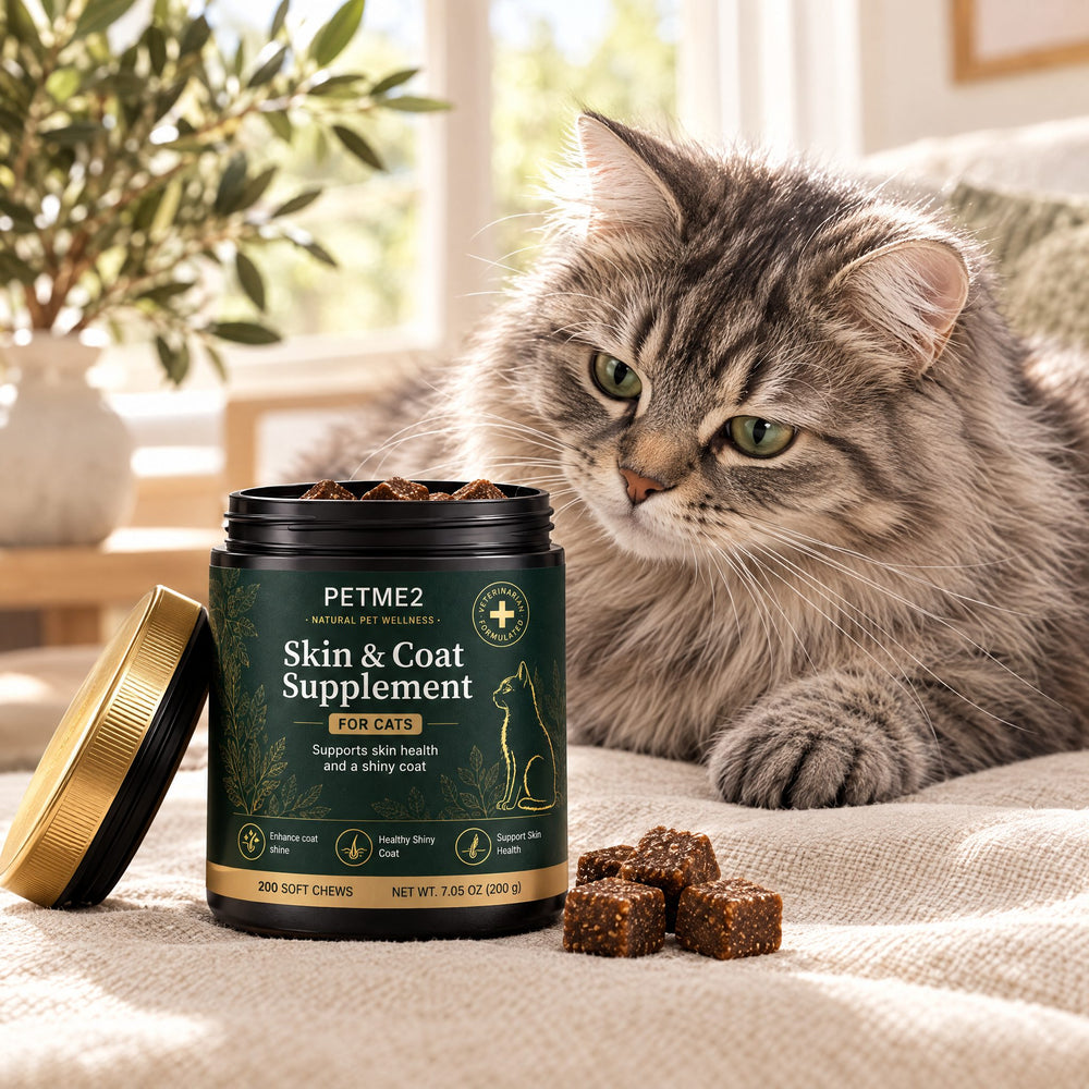 Grey tabby cat with a shiny coat next to PETME2 Skin & Coat chews