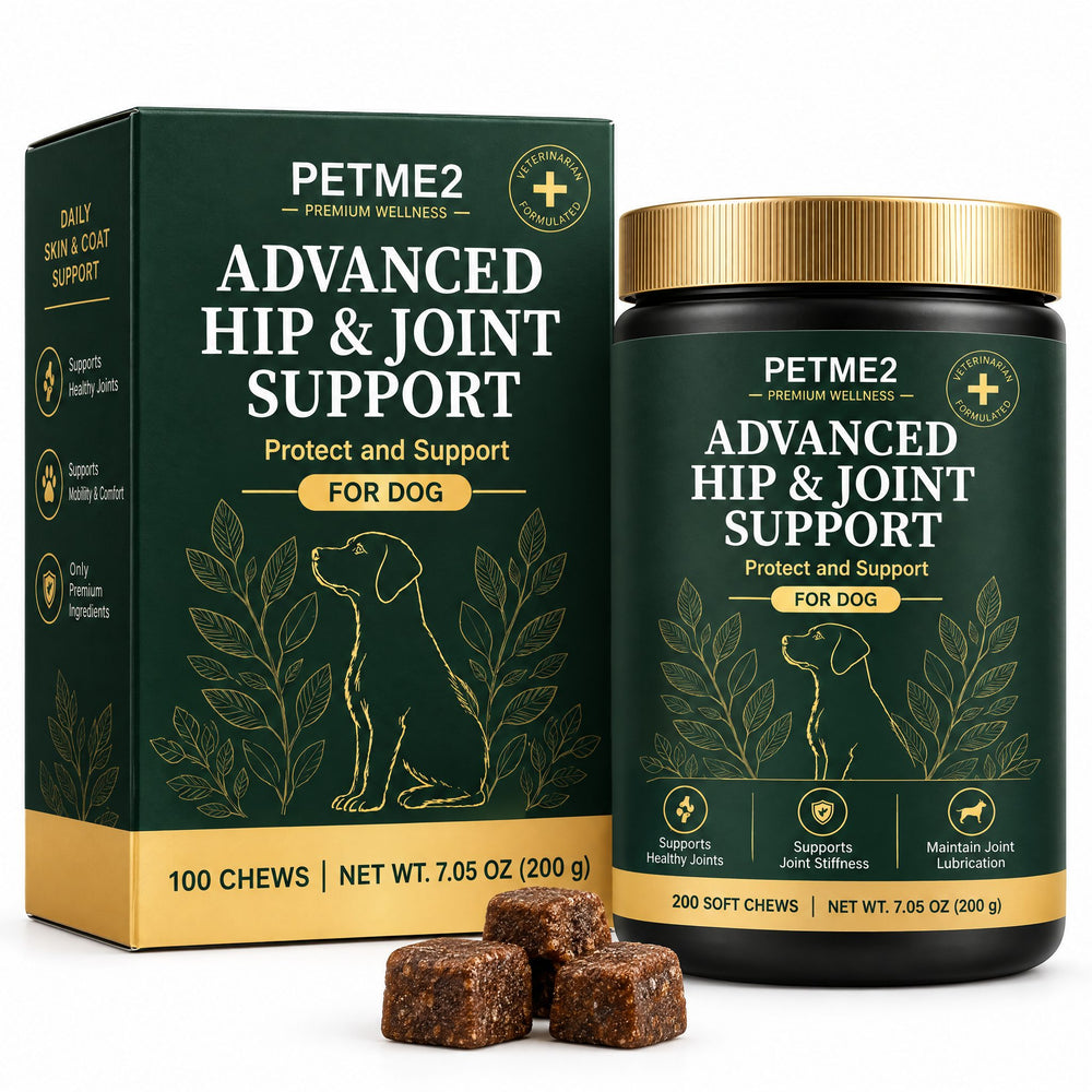 PETME2 Advanced Hip & Joint soft chews for dogs, box and jar