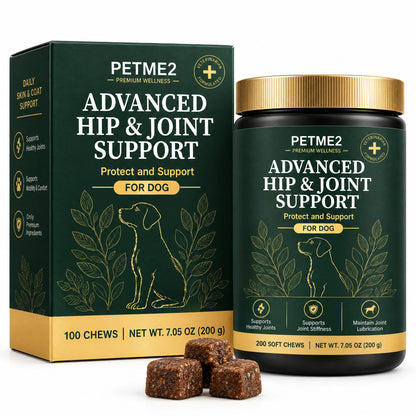 PETME2 Advanced Hip & Joint soft chews for dogs, box and jar