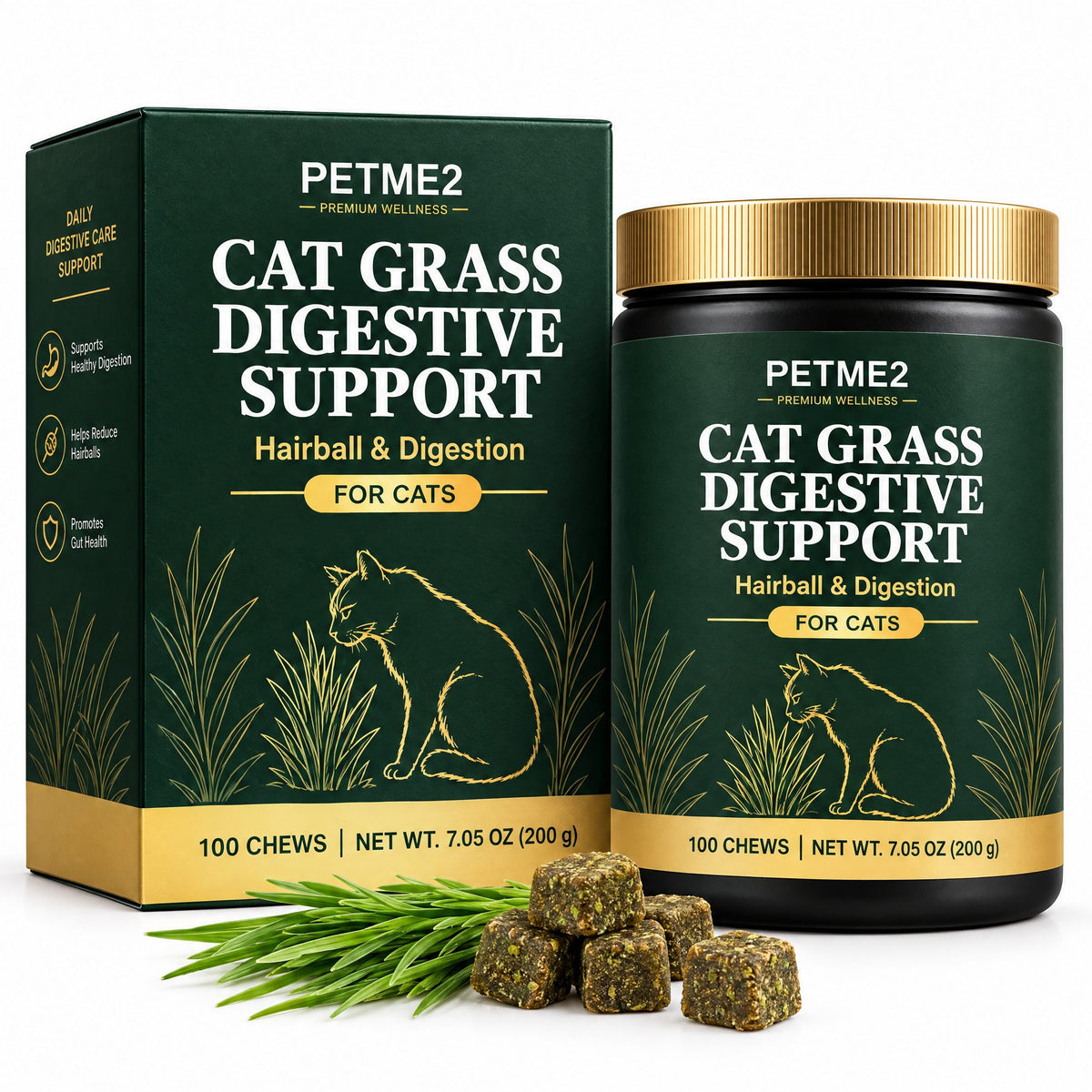 PETME2 Cat Grass digestive support soft chews, box and jar