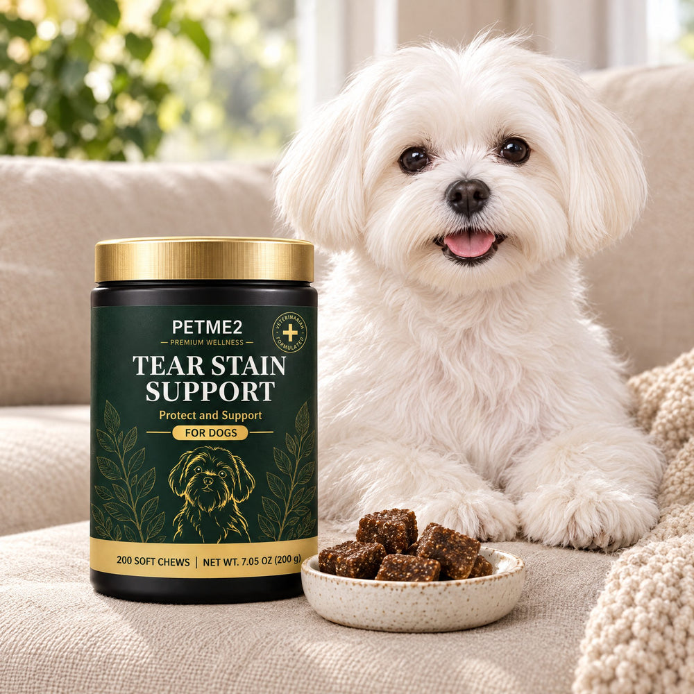 White Maltese dog next to PETME2 Tear Stain chews