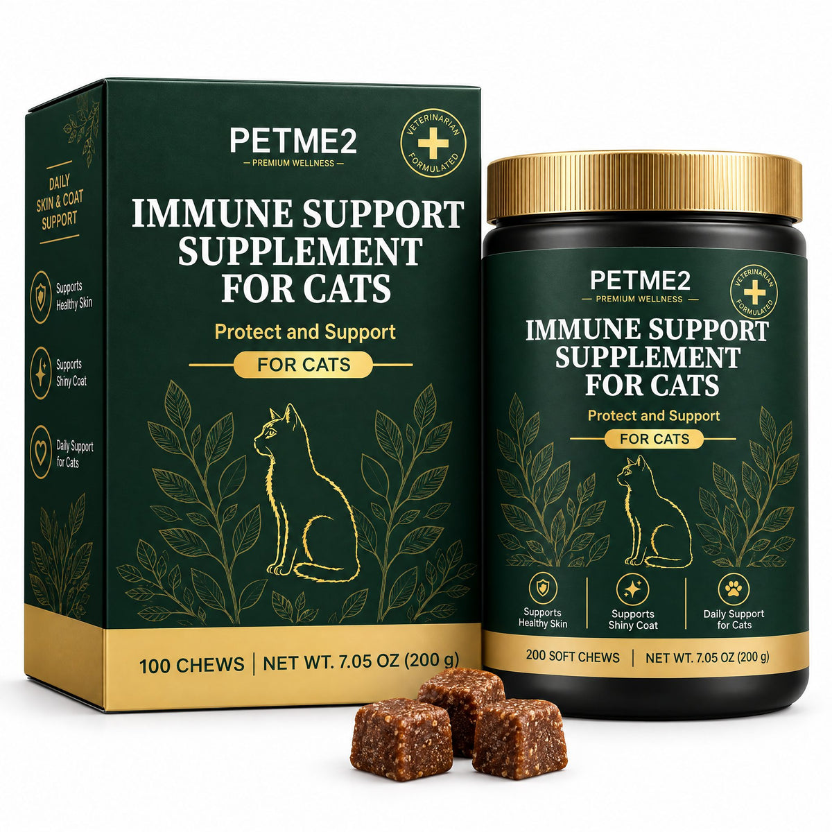 PETME2 Immune Support probiotic soft chews for cats, box and jar