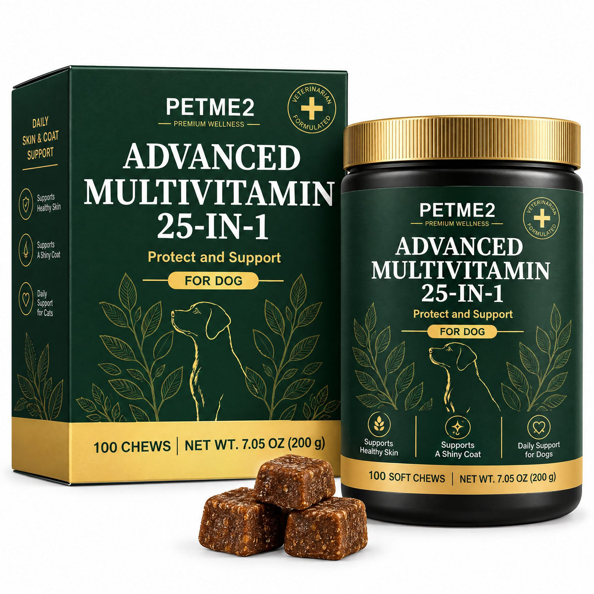 PETME2 Advanced Multivitamin 25-in-1 soft chews for dogs, box and jar