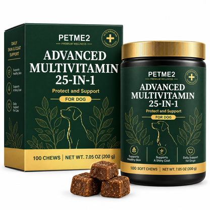 PETME2 Advanced Multivitamin 25-in-1 soft chews for dogs, box and jar