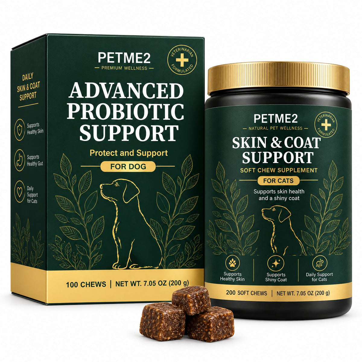 PETME2 Advanced Probiotic soft chews for dogs, box and jar