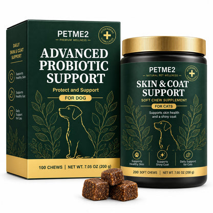 PETME2 Advanced Probiotic soft chews for dogs, box and jar