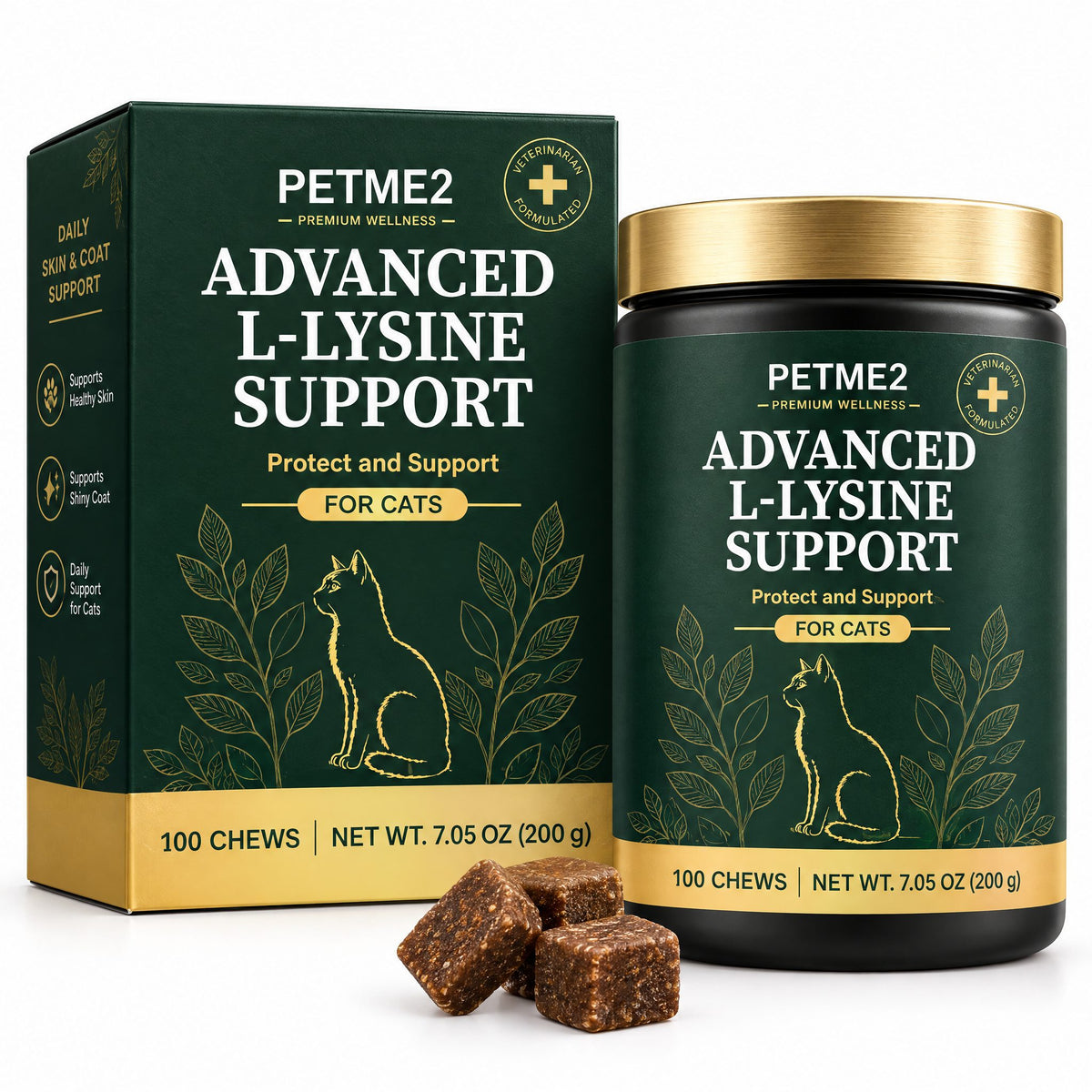 PETME2 Advanced L-Lysine soft chews for cats, box and jar