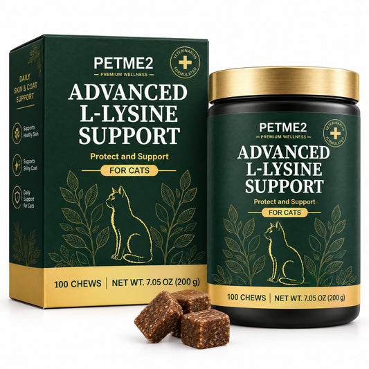 PETME2 Advanced L-Lysine soft chews for cats, box and jar