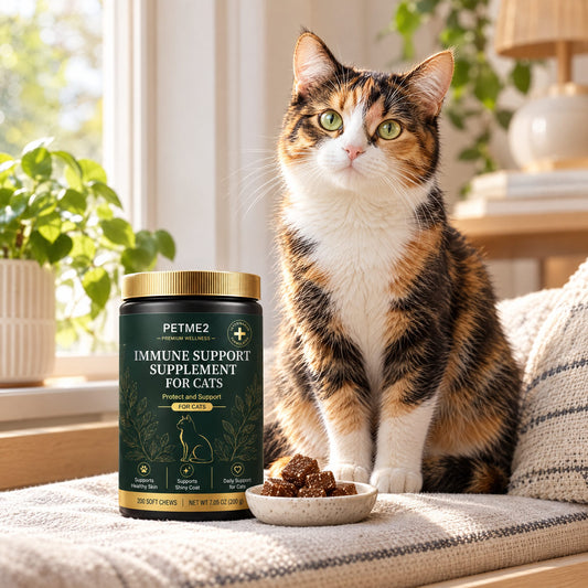 Calico cat next to PETME2 Immune Support chews