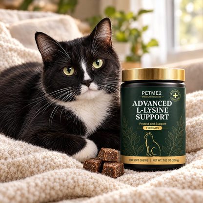 Tuxedo cat next to PETME2 L-Lysine chews