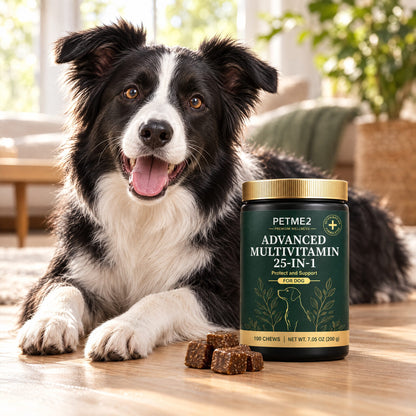 Border collie next to PETME2 Multivitamin chews