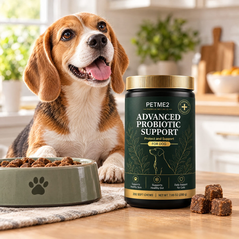 Beagle next to PETME2 Probiotic chews