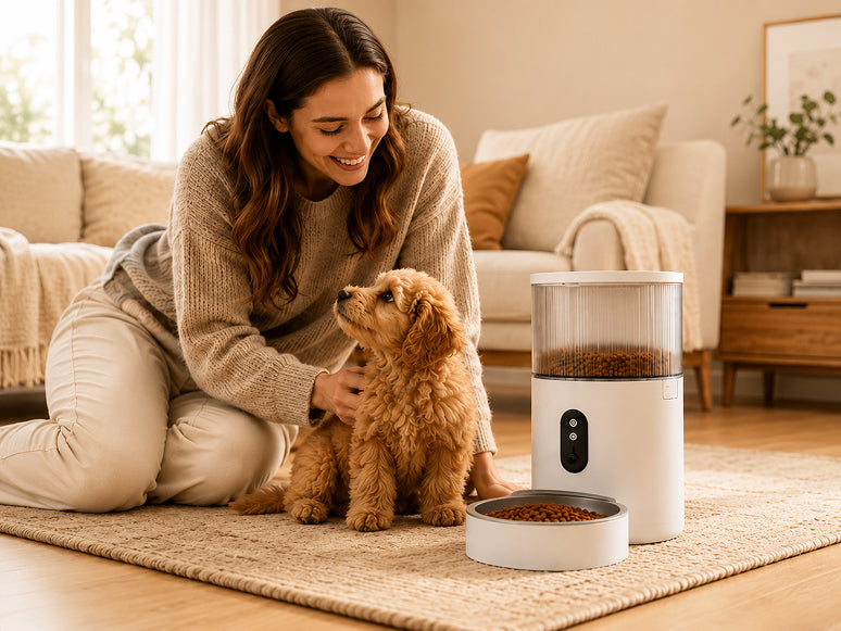 Pet feeder with dog
