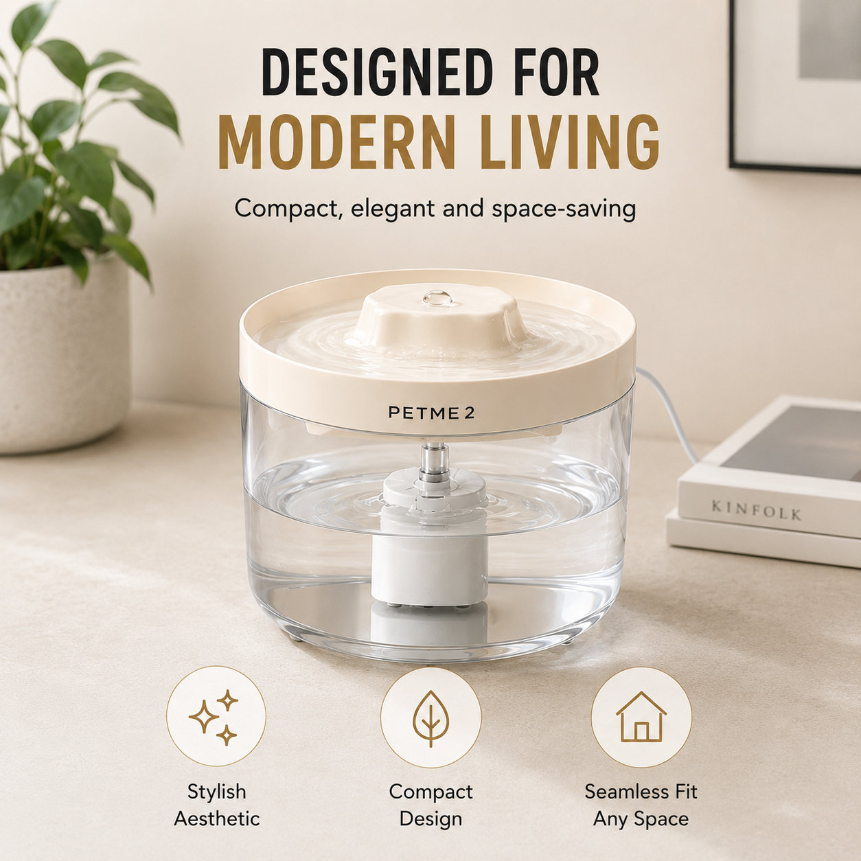 PETME2 2.2L transparent cat water fountain with visible water level