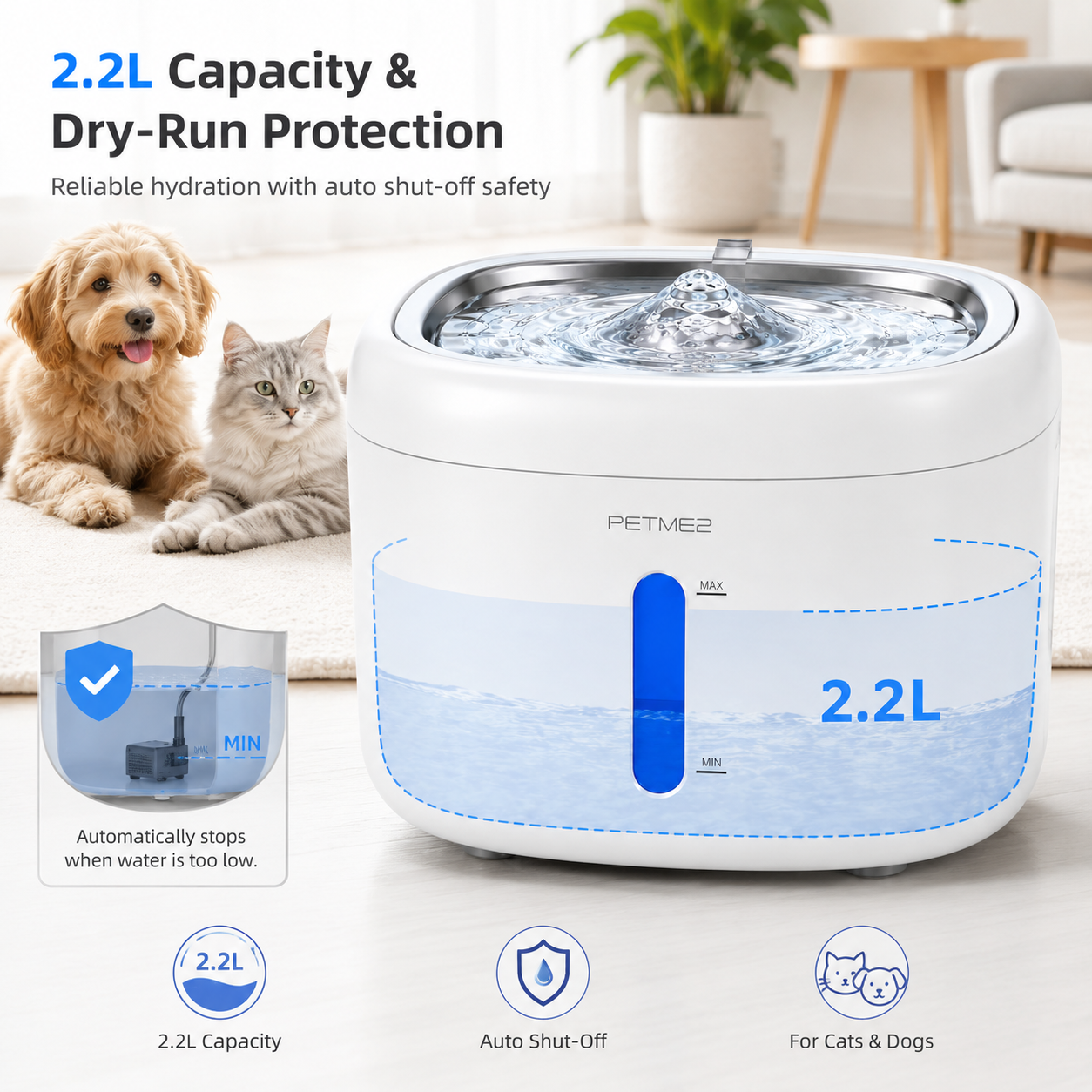 PETME2 2.2L cat water fountain with stainless steel tray and 4-layer filter