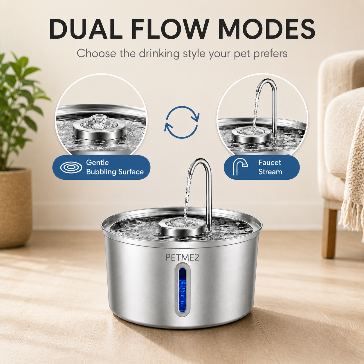 PETME2 3.2L stainless steel automatic pet water fountain with LED water-level window