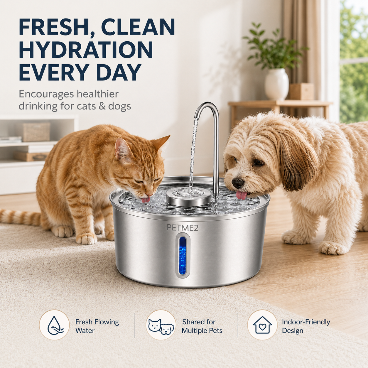 PETME2 3.2L stainless steel automatic pet water fountain with LED water-level window