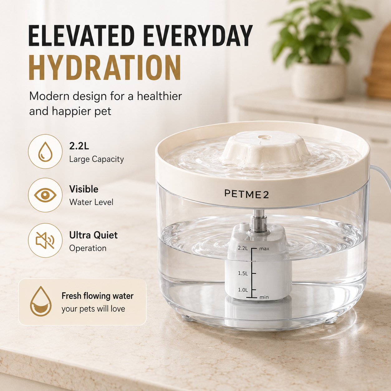 PETME2 2.2L transparent cat water fountain with visible water level