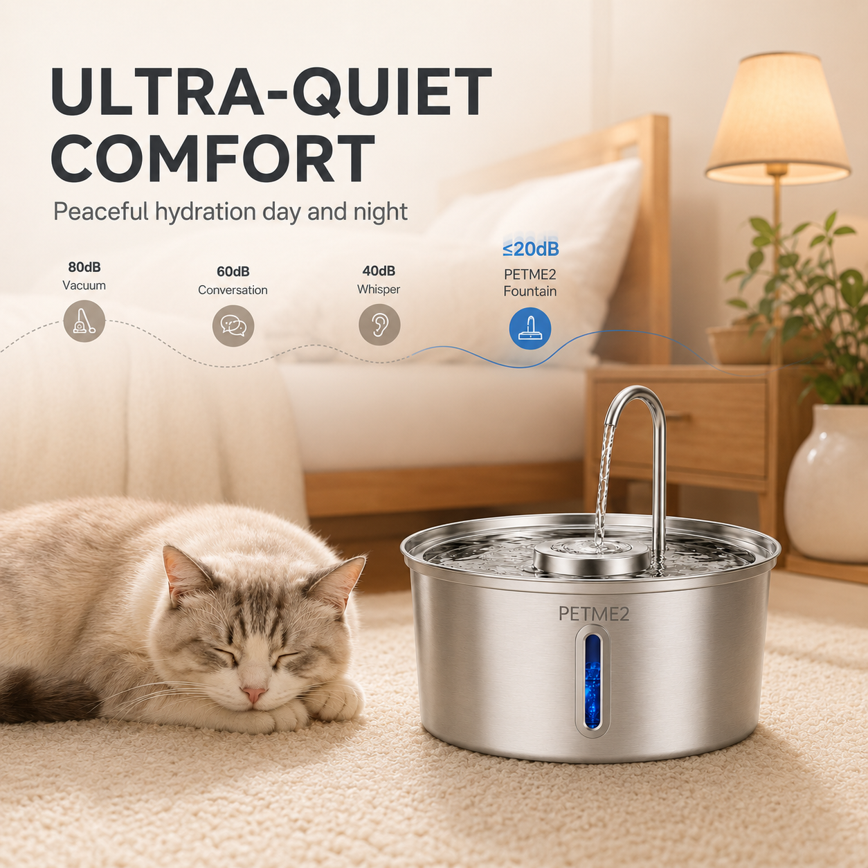 PETME2 3.2L stainless steel automatic pet water fountain with LED water-level window