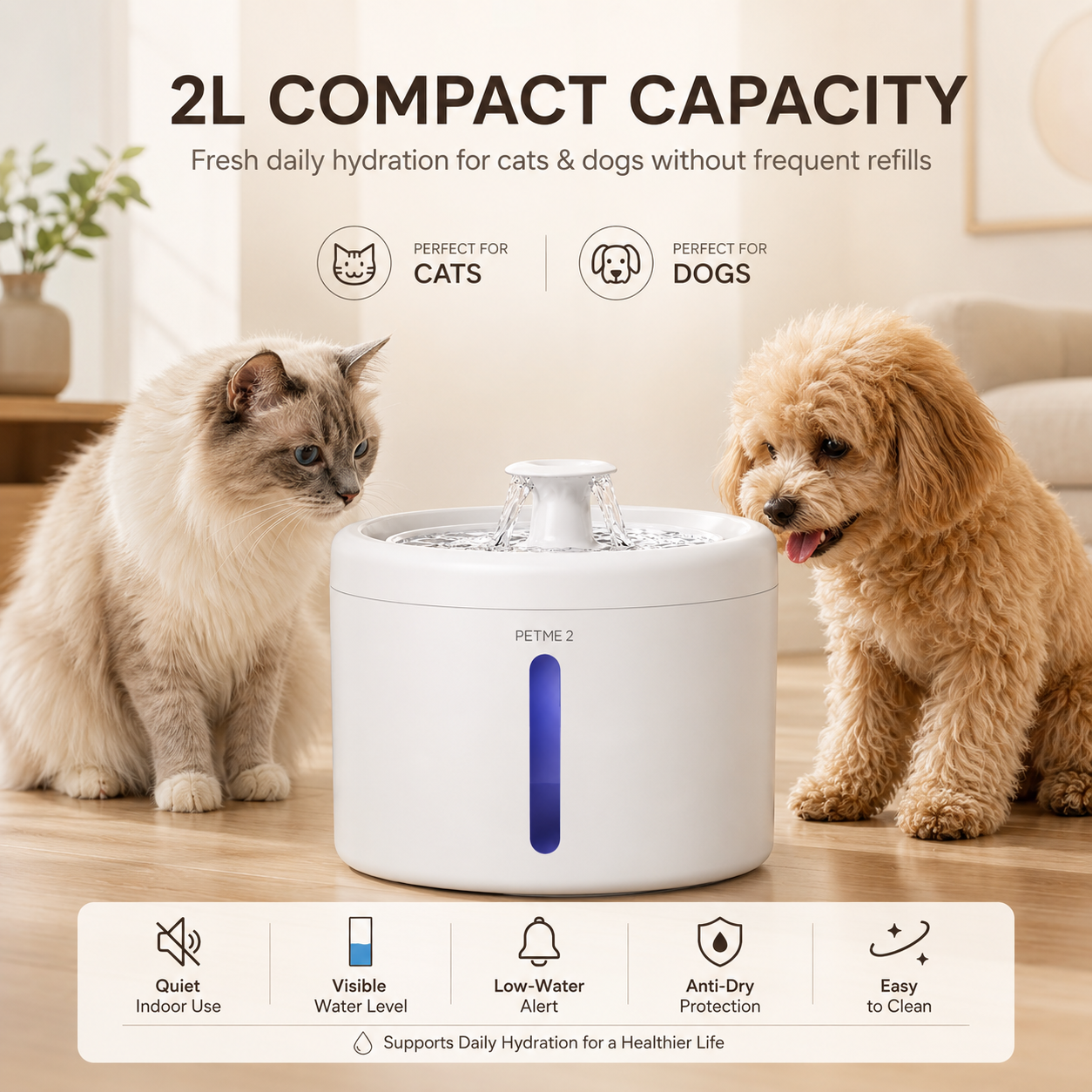 PETME2 2L cat water fountain with low-water red light alert
