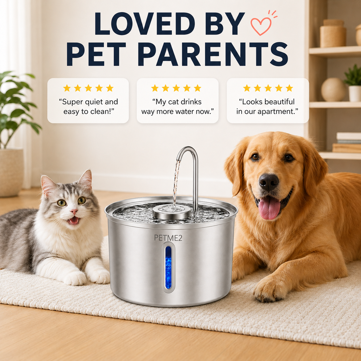 PETME2 3.2L stainless steel automatic pet water fountain with LED water-level window